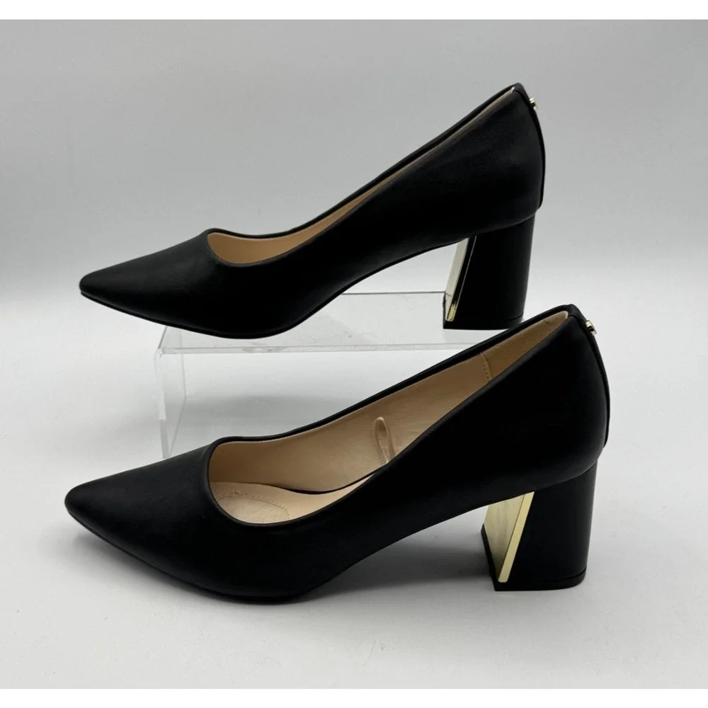 Jones New York Canal Black Block Gold Plated Heel Pumps Pointed Toe Size 7.5 NEW